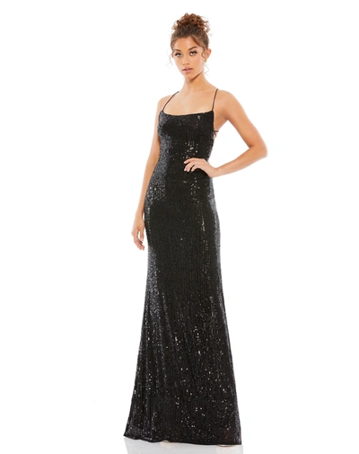 Ieena For Mac Duggal Stretch Sequin Lace Up Back Evening Gown In Black