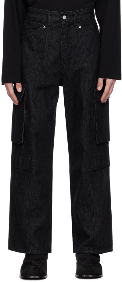 Youth Black Cargo Pocket Jeans In Washed Black