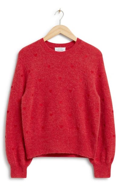 & Other Stories Heart Embroidered Wool & Alpaca Blend Crewneck Sweater In Red W. Red Hearts