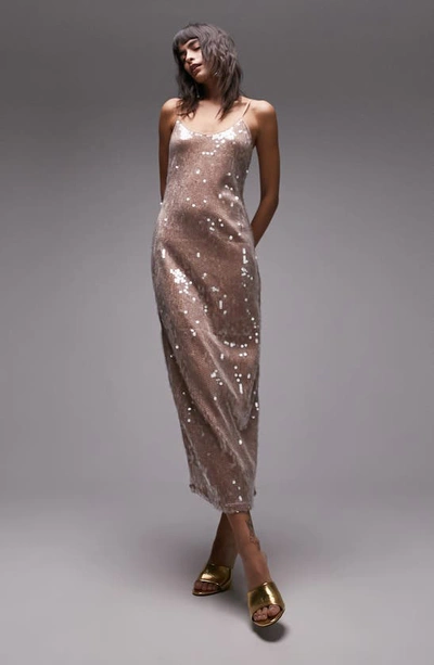 Topshop Sequin Maxi Slipdress In Nude