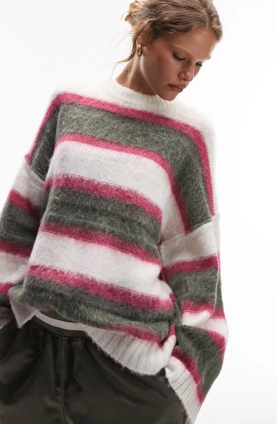 Topshop Knitted Fluffy Mixed Stripe Sweater With Exposed Seams In Multi