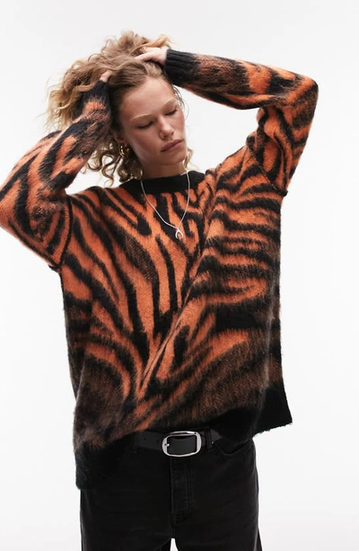 Topshop Knitted Zebra Print Fluffy Sweater In Orange