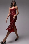 Topshop Sheer Sequin Cami Midi Slip Dress In Red In Red