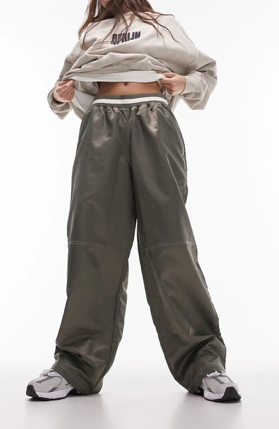 Topshop Workwear Straight Leg Pants With Fold Over Waistband Detail In Khaki-green