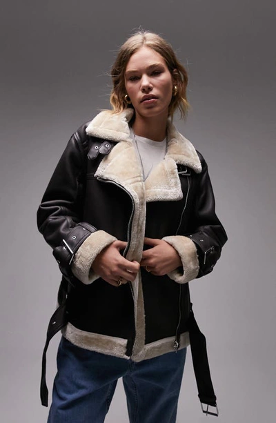 TOPSHOP FAUX LEATHER & FAUX SHEARLING AVIATOR JACKET