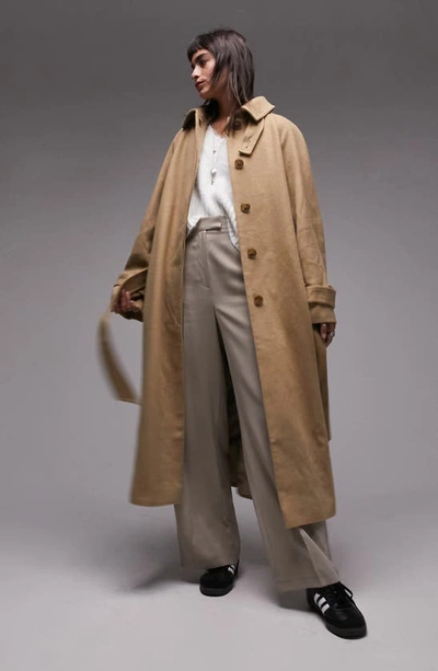 Topshop Long-lined Belted Brushed Trench Coat In Honey-white