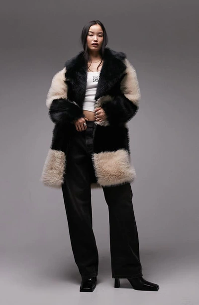 Topshop Colorblock Stripe Faux Fur Coat In Black Multi