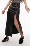 Topshop Leather Look Ruched Side Midi Skirt In Black