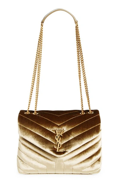 Saint Laurent Loulou Small Quilted Velour Chain Shoulder Bag In Pale Olive