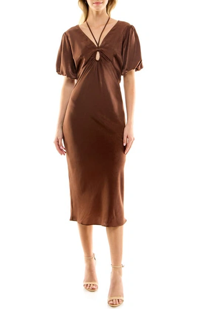 Socialite Puff Sleeve Hammered Satin Dress In Chocolate Brown