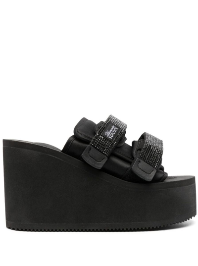 BLUMARINE BLACK WEDGE WITH TONAL RHINESTONE EMBELLISHED VELCRO FASTENER IN TECH MATERIALS WOMAN