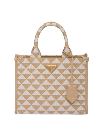 Prada Symbole Embroidered Tote Bag In Beige