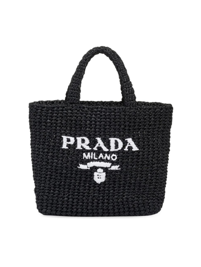 Prada Logo-embroidered Raffia Tote Bag In Black