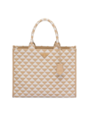 Prada Large Symbole Embroidered Fabric Handbag In Beige/chalk White