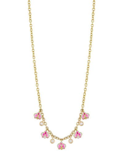 Onirikka Women's Kidea 18k Yellow Gold, 0.06 Tcw Diamond & Enamel Orchid Necklace In Pink