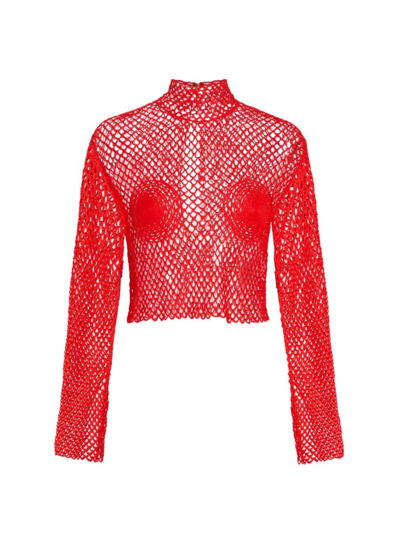 Ferragamo Women's Knitted Mesh Mockneck Top In Red