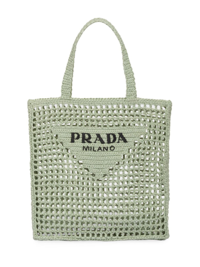 Prada Triangle-logo Crochet Rafia Tote Bag In Green