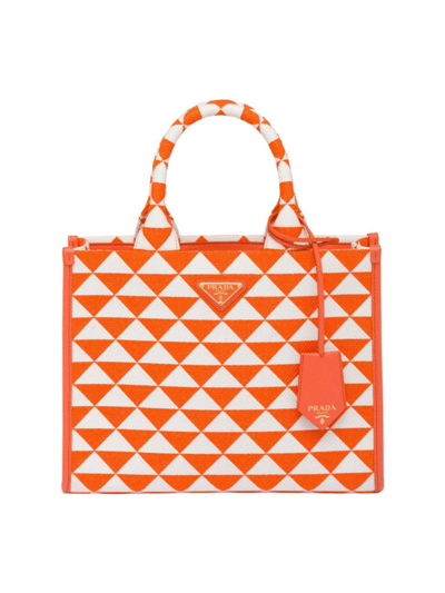 Prada Small Symbole Embroidered Fabric Handbag In Orange/white