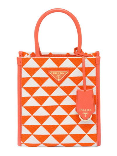 Prada Symbole Embroidered Fabric Mini Bag In Orange/white