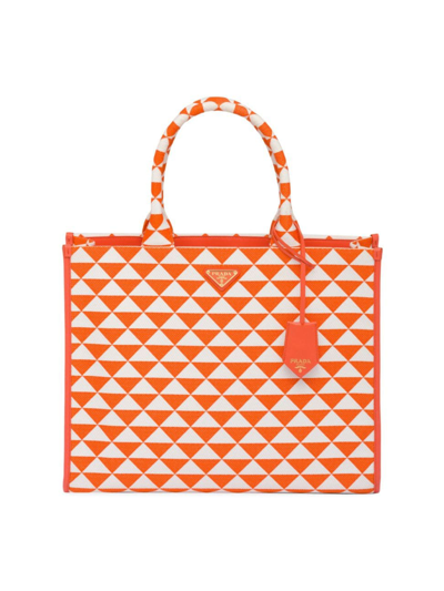 Prada Large Symbole Embroidered Fabric Handbag In Orange