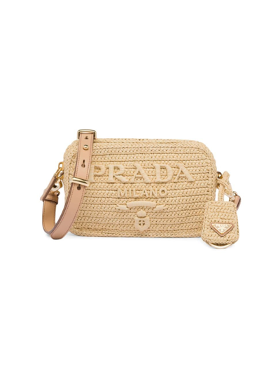 Prada Raffia Shoulder Bag In Beige Khaki