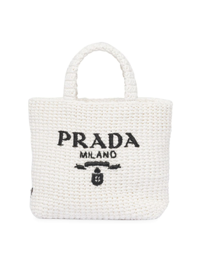 Prada Womens Bianco Logo Small Straw Tote Bag In White