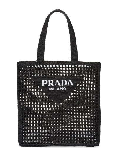 Prada Logo Embroidered Corchet Tote Bag In Black
