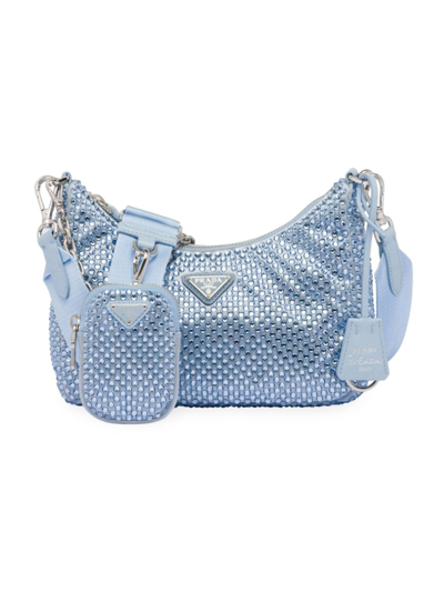 Prada Re-edition 2005 Satin Bag With Crystals In Blue
