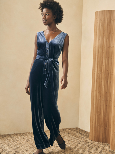 Faherty Stretch Silk Velvet Alina Jumpsuit In Navy