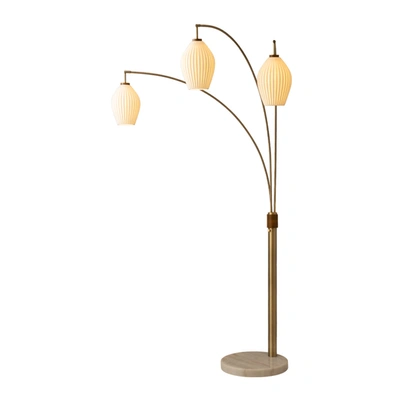 Nova Of California Santa Clara 24" Bone Porcelain 3 Light Arc Lamp In Weathered Brass And Walnut With 4-way Rotary Swit In Brown