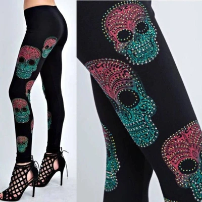 Vocal Apparel Leggings With Colorful Rhinestone Sugar Skulls In Black