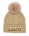 Mitchies Matchings Chain Embellished Knit Hat With Fox Fur Pom - Htra20 In Camel In Brown