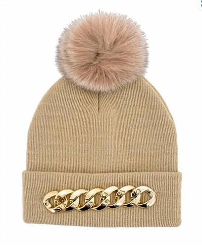 Mitchies Matchings Chain Embellished Knit Hat With Fox Fur Pom - Htra20 In Camel In Brown