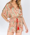 FANCO V NECK KIMONO SLEEVED ROMPER WITH DETAILS IN RED/GREEN FLORAL PAISLEY