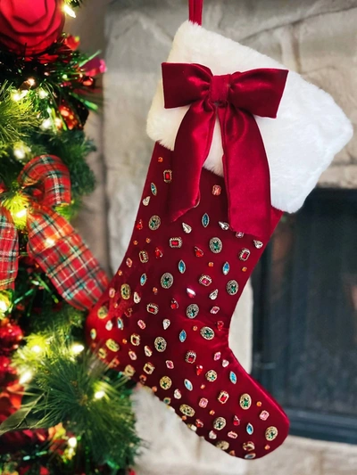 Brianna Cannon Bejeweled Velvet Christmas Stocking With Bow In Red