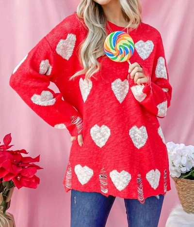 And The Why Distressed Sweater With Hearts In Red