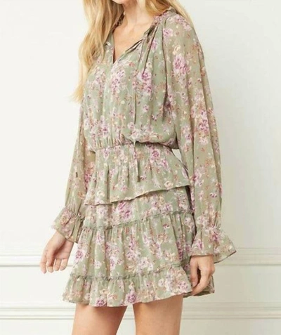 Entro Mini Floral Print Dress In Olive In Green