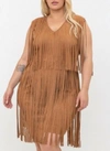 VOCAL APPAREL FAUX SEUDE FRINGE TUNIC DRESS IN BROWN