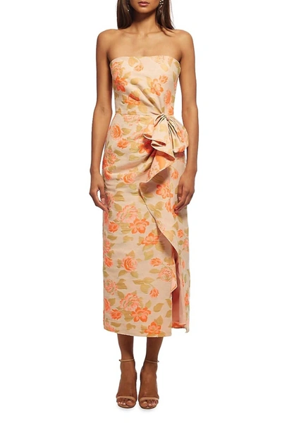 Shoshanna Strapless Draped Floral Jacquard Midi Dress In Multi