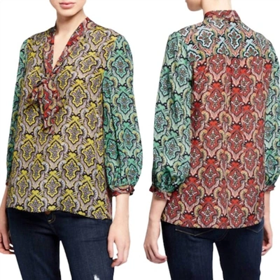 Alice And Olivia Sheila Blouson Sleeve V-neck Top In Small Crest Tile Black/sun In Multi