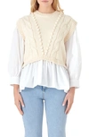 English Factory Mixed Media Cable Stitch Sweater In Cream/ White