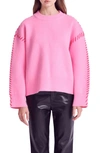 English Factory Whipstitch Accent Crewneck Sweater In Pink/ Fuchsia