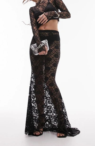 Topshop Fishtail Sheer Lace Maxi Skirt In Black