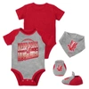 MITCHELL & NESS INFANT MITCHELL & NESS SCARLET/HEATHER GRAY NEBRASKA HUSKERS 3-PACK BODYSUIT, BIB AND BOOTIE SET