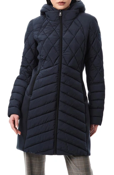Bernardo Packable Mixed Media Water Resisant Quilted Puffer Jacket In Blue