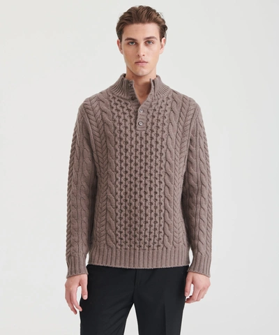 Naadam Cashmino Cable Button Pullover Sweater In Heathered Brown