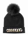 Mitchies Matchings Chain Embellished Knit Hat With Fox Fur Pom - Htra20 In Black In Black