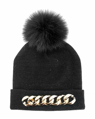 Mitchies Matchings Chain Embellished Knit Hat With Fox Fur Pom - Htra20 In Black