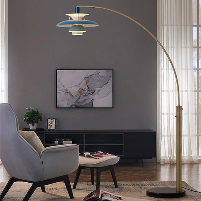 Nova Of California Palm Springs 83" 1 Light Arc Lamp In Weathered Brass And Bluetone Shade With Dimmer Switch In Gold