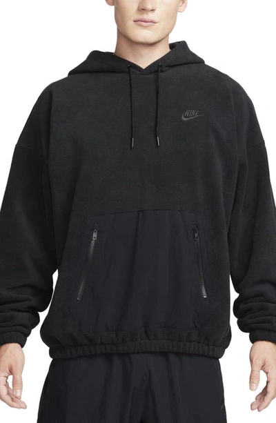 Nike Club Nylon-trimmed Logo-embroidered Fleece Hoodie In Black